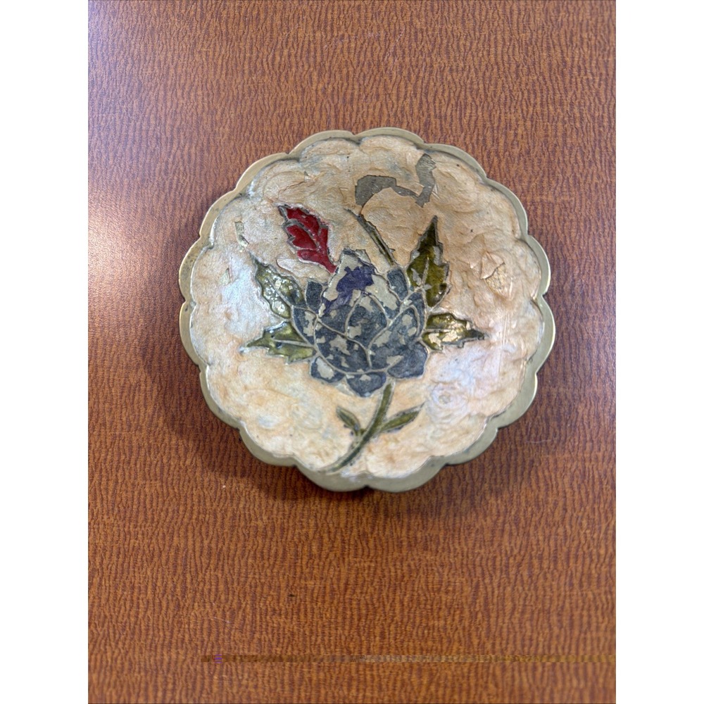 Small Vintage Floral Enameled Brass Dish plus box